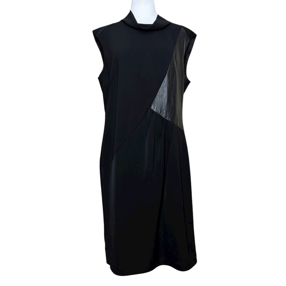 Lafayette 148 Solid Black Dress Size 14 Sleeveless Leather Panel